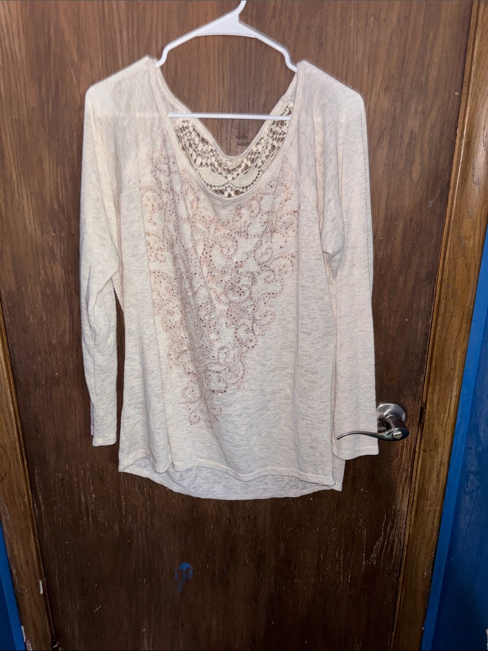 Maurices Cream Long-Sleeve Top with Lace Back and Embellished Front